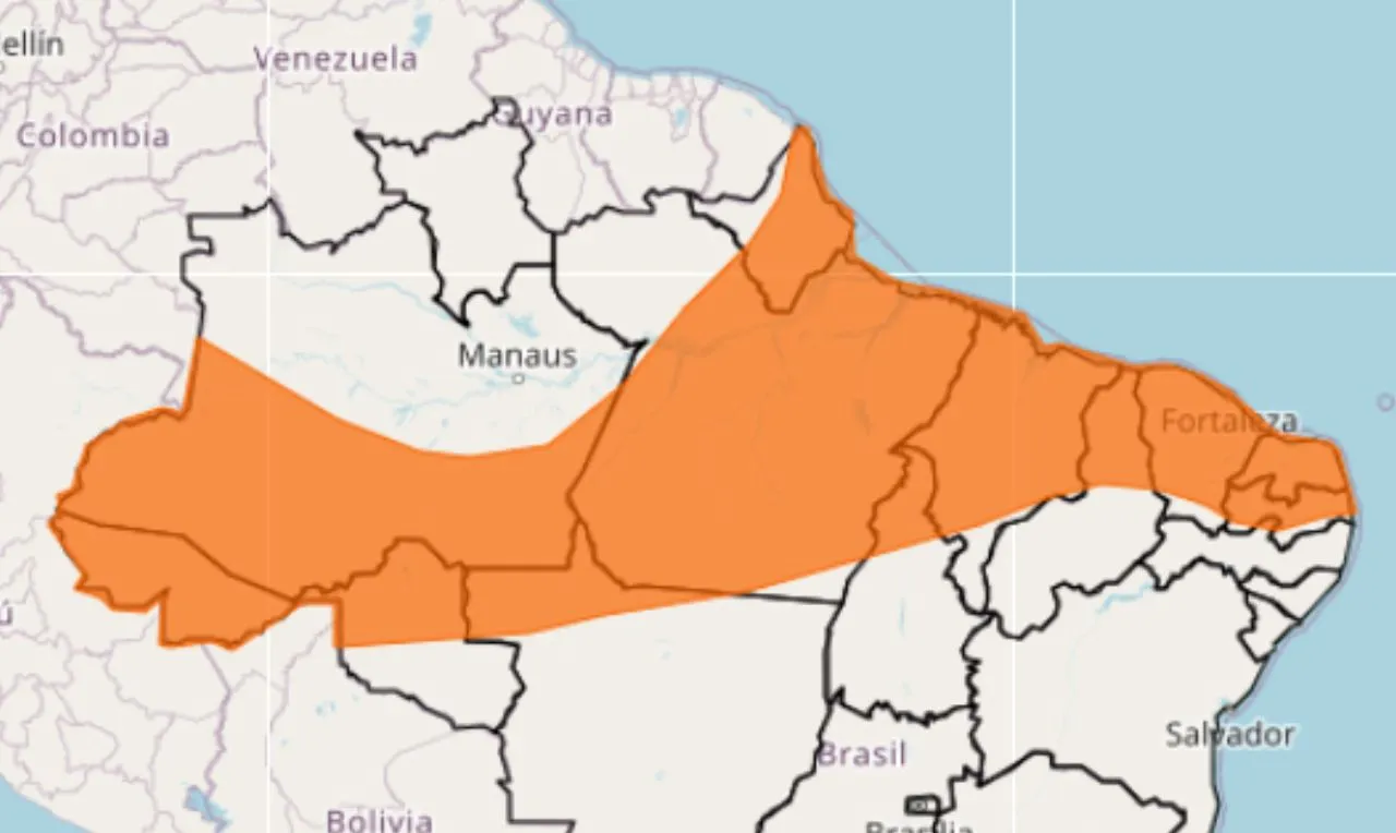 O mapa mostra as &aacute;reas em alerta para chuva intensa e ventos